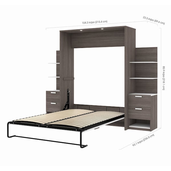 Bestar Cielo 105W Queen Murphy Bed with Floating Shelves and Drawers (104W), Bark Grey & White - 80881-47