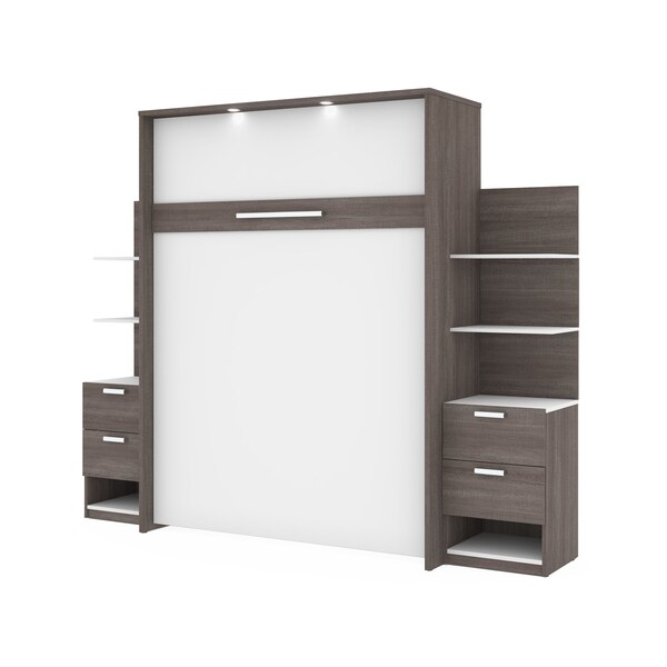 Bestar Cielo 105W Queen Murphy Bed with Floating Shelves and Drawers (104W), Bark Grey & White - 80881-47