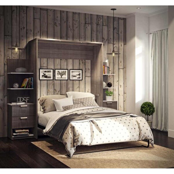 Bestar Cielo 105W Queen Murphy Bed with Floating Shelves and Drawers (104W), Bark Grey & White - 80881-47