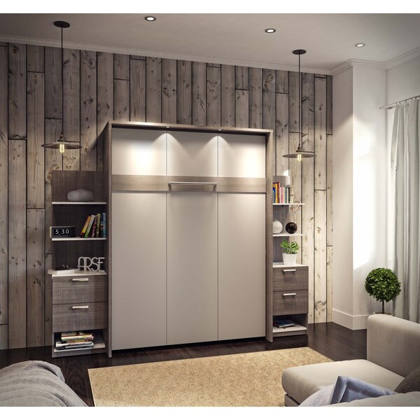 Bestar Cielo 105W Queen Murphy Bed with Floating Shelves and Drawers (104W), Bark Grey & White - 80881-47