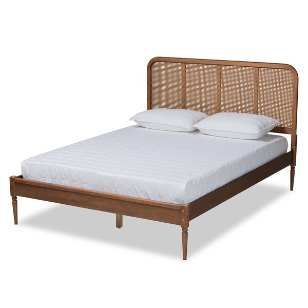 Baxton Studio Elston Mid-Century Walnut Brown Finished Wood and Synthetic Rattan Platform Bed-Full - 193-11485-ZORO