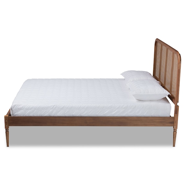 Baxton Studio Elston Mid-Century Walnut Brown Finished Wood and Synthetic Rattan Platform Bed-Full - 193-11485-ZORO