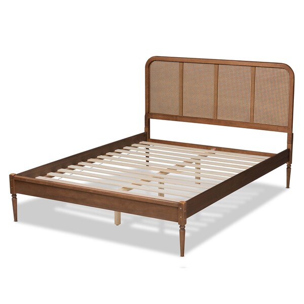 Baxton Studio Elston Mid-Century Walnut Brown Finished Wood and Synthetic Rattan Platform Bed-Full - 193-11485-ZORO