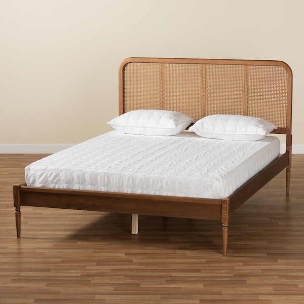 Baxton Studio Elston Mid-Century Walnut Brown Finished Wood and Synthetic Rattan Platform Bed-Full - 193-11485-ZORO