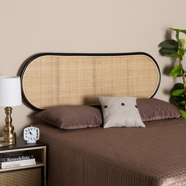 Baxton Studio Reegan Modern Bohemian Two-Tone Black and Natural Brown Rattan Queen Size Standalone Headboard - 232-13246-ZORO