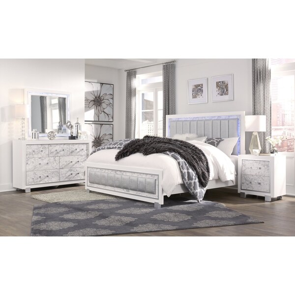 Global Furniture Usa Transitional Glam Marble, Metallic Santorini White Full Bed - 3042