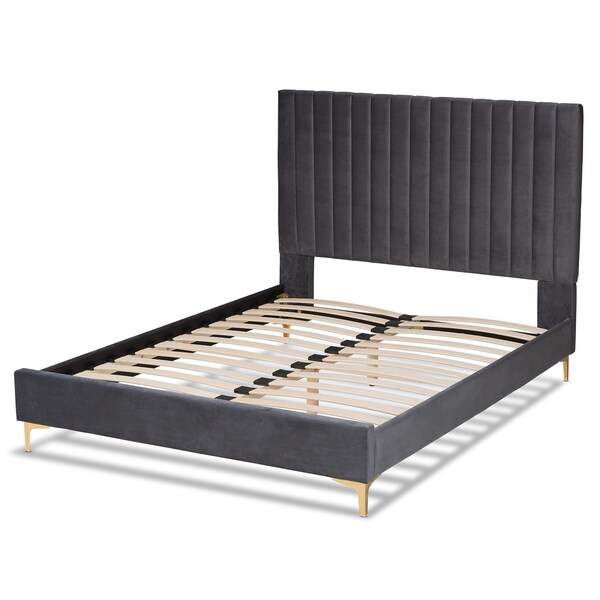 Baxton Studio Serrano Glam and Luxe Grey Velvet Upholstered and Gold Metal Queen Size Platform Bed - 214-10944-ZORO