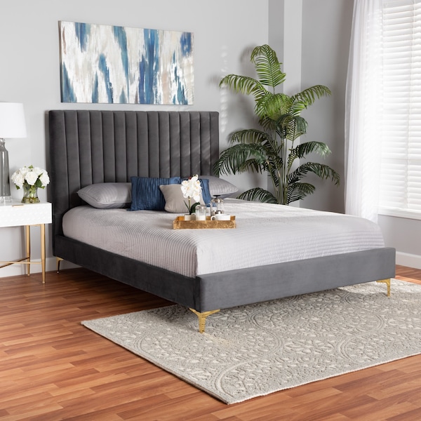 Baxton Studio Serrano Glam and Luxe Grey Velvet Upholstered and Gold Metal Queen Size Platform Bed - 214-10944-ZORO