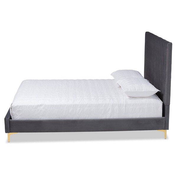Baxton Studio Serrano Glam and Luxe Grey Velvet Upholstered and Gold Metal Queen Size Platform Bed - 214-10944-ZORO