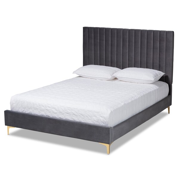 Baxton Studio Serrano Glam and Luxe Grey Velvet Upholstered and Gold Metal Queen Size Platform Bed - 214-10944-ZORO