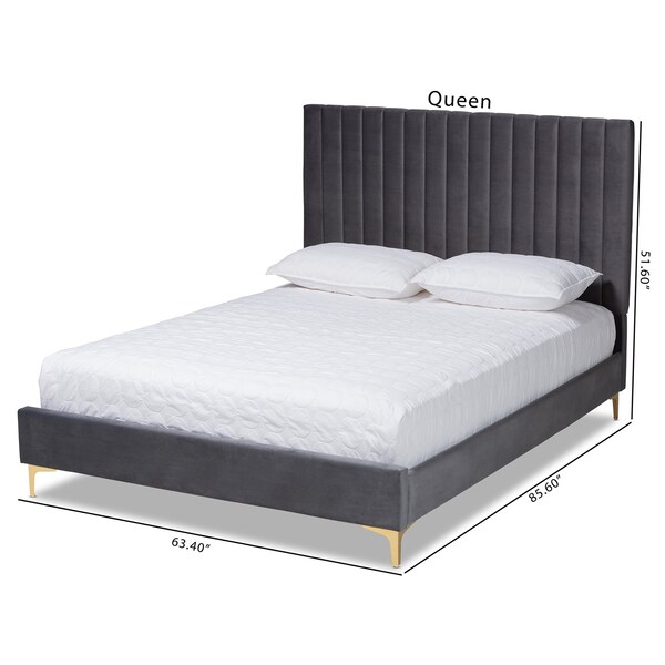 Baxton Studio Serrano Glam and Luxe Grey Velvet Upholstered and Gold Metal Queen Size Platform Bed - 214-10944-ZORO