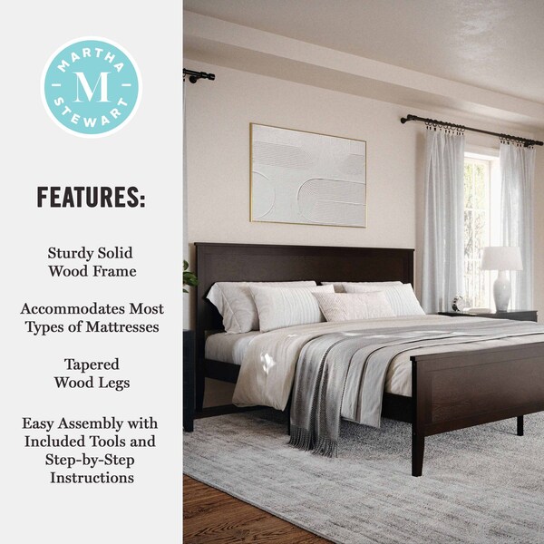 Martha Stewart Corbin King Size Solid Wood Platform Bed w/Wooden Headboard and Footboard, Dark Brown - MG-090026-K-DKBRN-MS