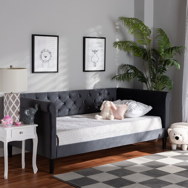 Baxton Studio Cora ModernGrey Velvet Upholstered and Dark Brown Finished Wood Full Size Daybed - 200-12554-ZORO