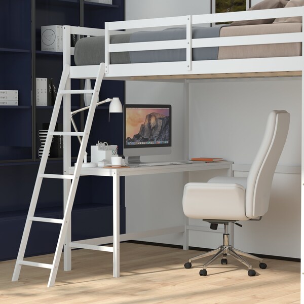 Flash Furniture White Full Loft Bed Frame with Desk and Ladder - MH-LBD5-WH-F-GG