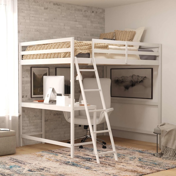 Flash Furniture White Full Loft Bed Frame with Desk and Ladder - MH-LBD5-WH-F-GG