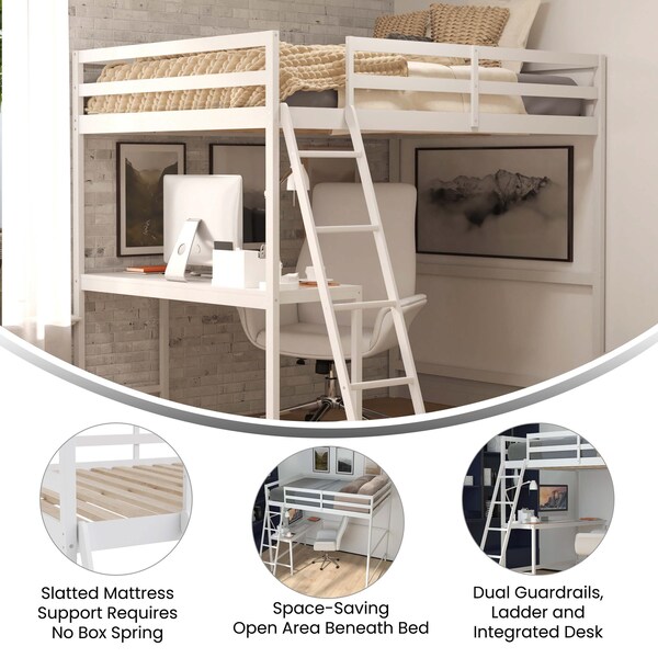 Flash Furniture White Full Loft Bed Frame with Desk and Ladder - MH-LBD5-WH-F-GG