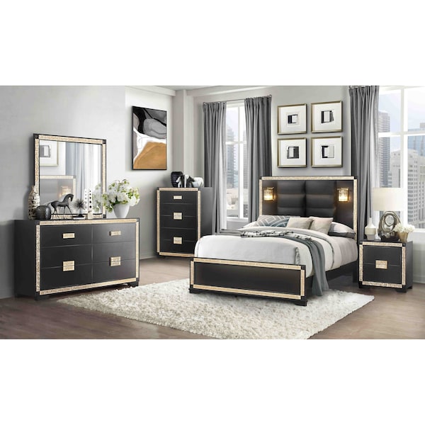 Global Furniture Usa Traditional Glam Glitter Blake Black Full Bed With Lamps - 3168