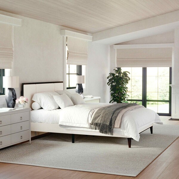 Martha Stewart Jett Queen Size Solid Wood Platform Bed w/Upholstered Base/Inset Paneled Headboard, Dark Brwn/Beige - MG-0900271F-Q-DKBRN-BG-MS