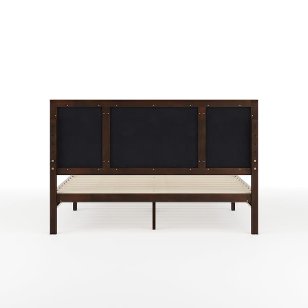 Martha Stewart Jett Queen Size Solid Wood Platform Bed w/Upholstered Base/Inset Paneled Headboard, Dark Brwn/Beige - MG-0900271F-Q-DKBRN-BG-MS