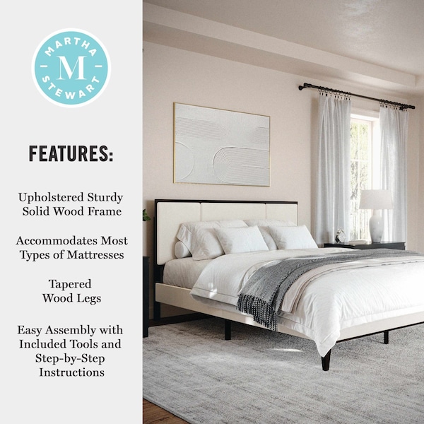 Martha Stewart Jett Queen Size Solid Wood Platform Bed w/Upholstered Base/Inset Paneled Headboard, Dark Brwn/Beige - MG-0900271F-Q-DKBRN-BG-MS