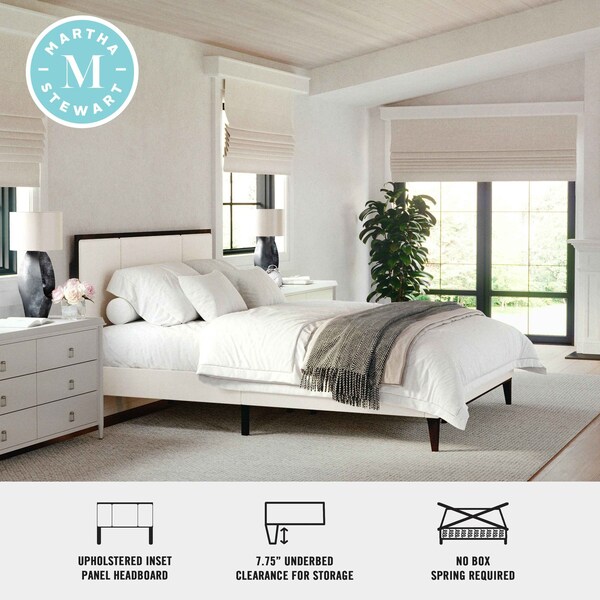 Martha Stewart Jett Queen Size Solid Wood Platform Bed w/Upholstered Base/Inset Paneled Headboard, Dark Brwn/Beige - MG-0900271F-Q-DKBRN-BG-MS