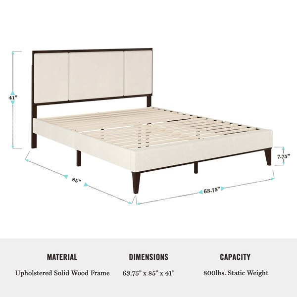 Martha Stewart Jett Queen Size Solid Wood Platform Bed w/Upholstered Base/Inset Paneled Headboard, Dark Brwn/Beige - MG-0900271F-Q-DKBRN-BG-MS
