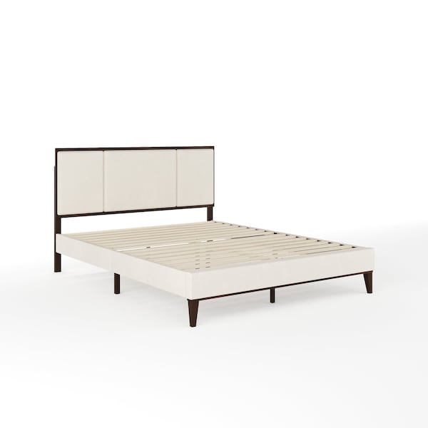 Martha Stewart Jett Queen Size Solid Wood Platform Bed w/Upholstered Base/Inset Paneled Headboard, Dark Brwn/Beige - MG-0900271F-Q-DKBRN-BG-MS
