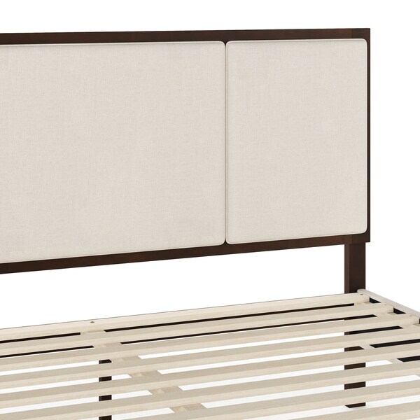 Martha Stewart Jett Queen Size Solid Wood Platform Bed w/Upholstered Base/Inset Paneled Headboard, Dark Brwn/Beige - MG-0900271F-Q-DKBRN-BG-MS