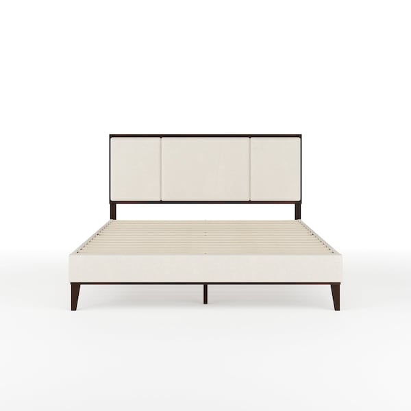 Martha Stewart Jett Queen Size Solid Wood Platform Bed w/Upholstered Base/Inset Paneled Headboard, Dark Brwn/Beige - MG-0900271F-Q-DKBRN-BG-MS