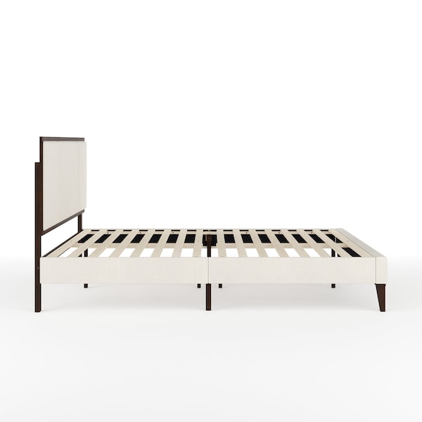 Martha Stewart Jett Queen Size Solid Wood Platform Bed w/Upholstered Base/Inset Paneled Headboard, Dark Brwn/Beige - MG-0900271F-Q-DKBRN-BG-MS
