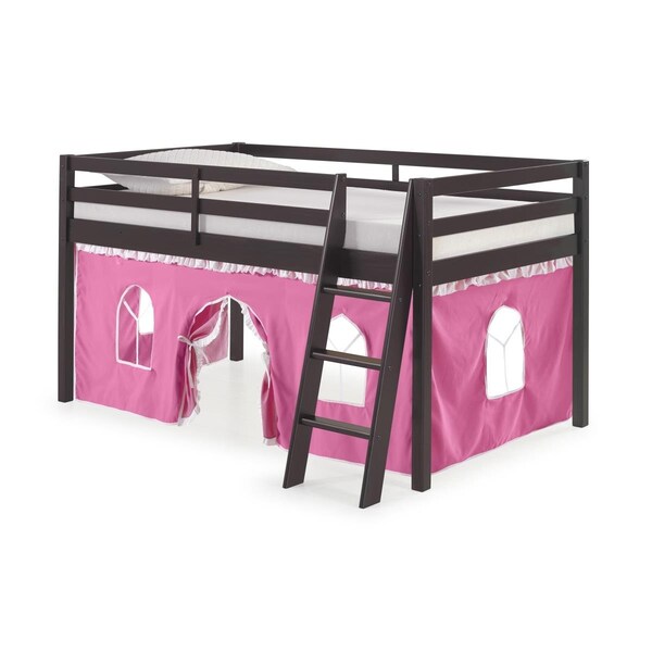 Kd Cama De Bebe Roxy Twin Wood Junior Loft Bed with Espresso with Pink & White Bottom Tent - KD3239699