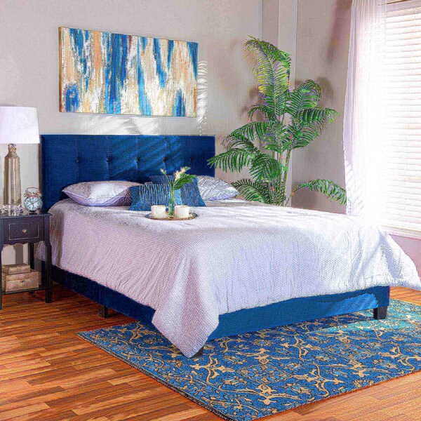 Baxton Studio Caprice Modern and Contemporary Glam Navy Blue Velvet Fabric Queen Size Panel Bed - 183-11258-ZORO