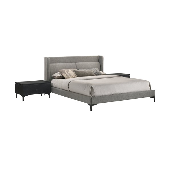 Armen Living Legend 3 Piece Gray Fabric Queen Platform Bed and Nightstands Bedroom Set - SETLEBDCHQN3A