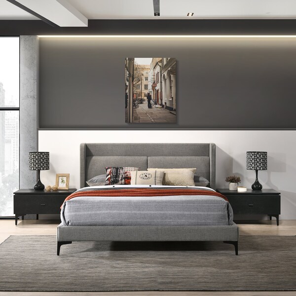 Armen Living Legend 3 Piece Gray Fabric Queen Platform Bed and Nightstands Bedroom Set - SETLEBDCHQN3A