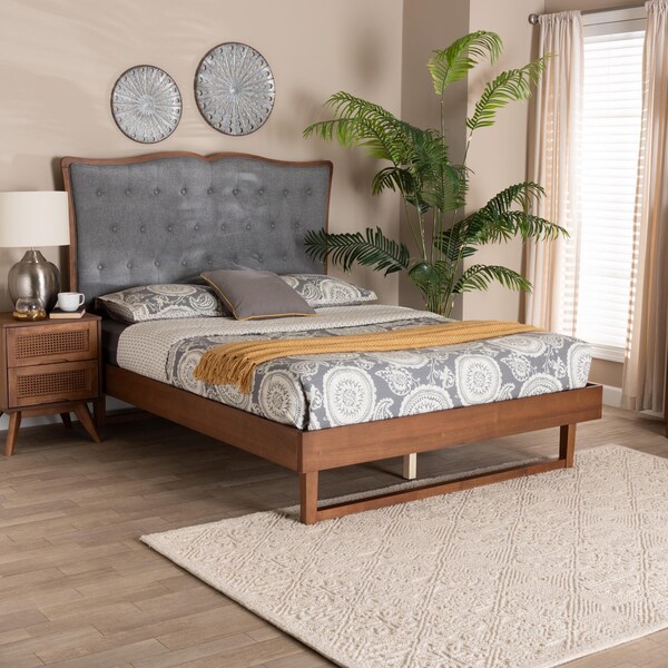 Baxton Studio Padilla Classic and Traditional Grey Fabric and Walnut Brown Finished Wood Queen Size Platform Bed - 237-12640-9411-ZORO