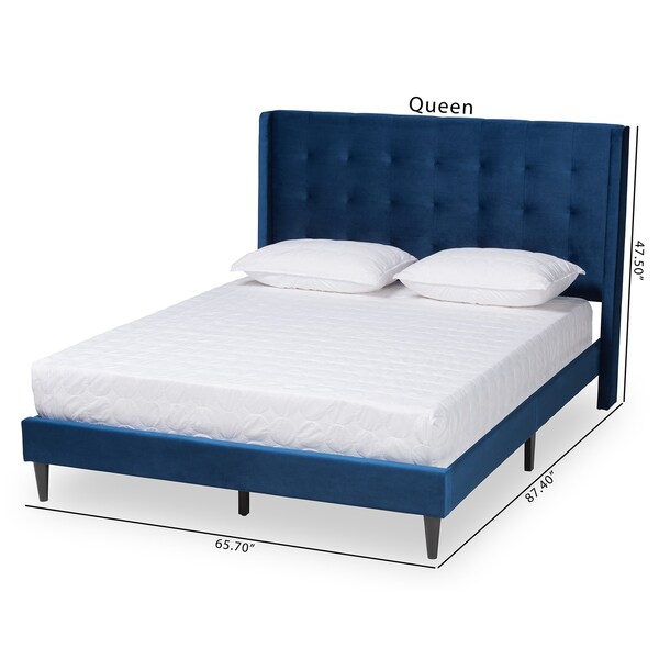 Baxton Studio Gothard  Navy Blue Velvet Upholstered and Dark Brown Finished Wood Queen Size Platform Bed - 215-12364-ZORO
