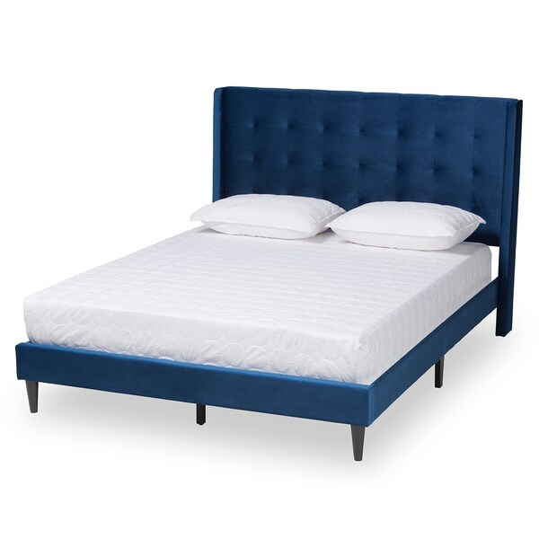 Baxton Studio Gothard  Navy Blue Velvet Upholstered and Dark Brown Finished Wood Queen Size Platform Bed - 215-12364-ZORO