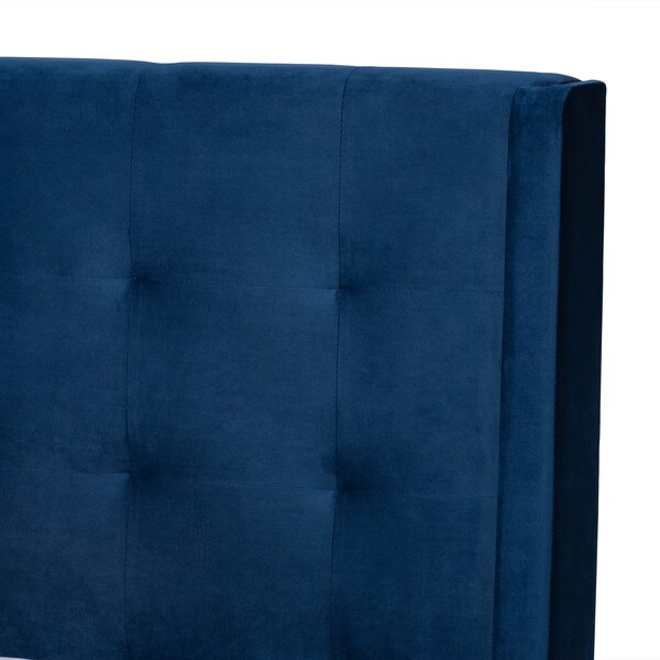 Baxton Studio Gothard  Navy Blue Velvet Upholstered and Dark Brown Finished Wood Queen Size Platform Bed - 215-12364-ZORO
