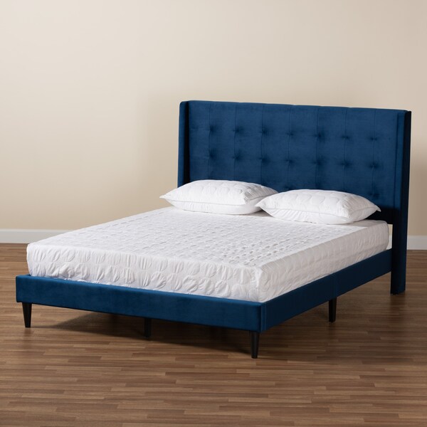 Baxton Studio Gothard  Navy Blue Velvet Upholstered and Dark Brown Finished Wood Queen Size Platform Bed - 215-12364-ZORO