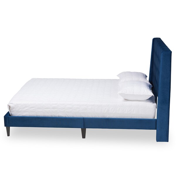 Baxton Studio Gothard  Navy Blue Velvet Upholstered and Dark Brown Finished Wood Queen Size Platform Bed - 215-12364-ZORO