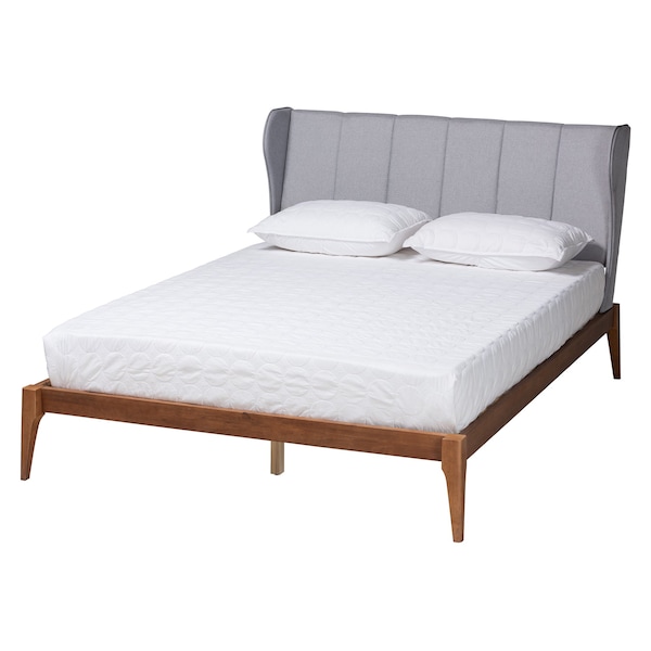 Baxton Studio Royce Mid-Century Modern Transitional Light Grey Fabric and Ash Walnut Finished Wood Queen Size Bed - 226-12890-ZORO