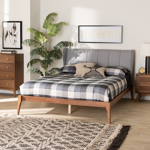 Baxton Studio Royce Mid-Century Modern Transitional Light Grey Fabric and Ash Walnut Finished Wood Queen Size Bed - 226-12890-ZORO