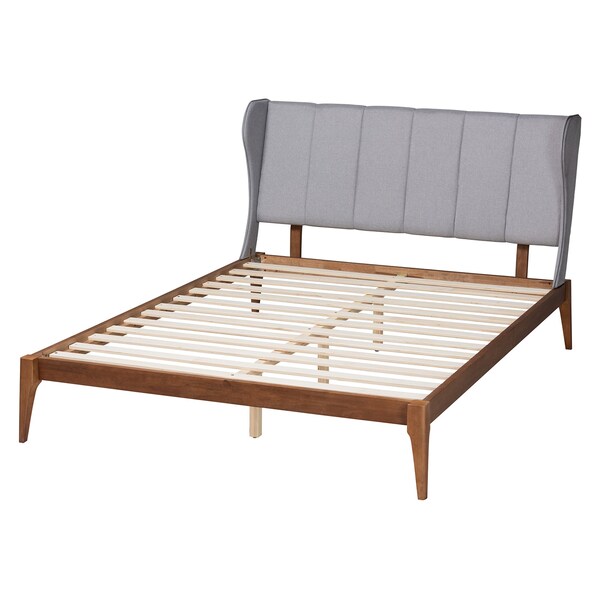 Baxton Studio Royce Mid-Century Modern Transitional Light Grey Fabric and Ash Walnut Finished Wood Queen Size Bed - 226-12890-ZORO