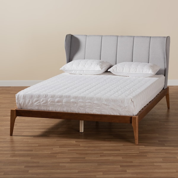 Baxton Studio Royce Mid-Century Modern Transitional Light Grey Fabric and Ash Walnut Finished Wood Queen Size Bed - 226-12890-ZORO