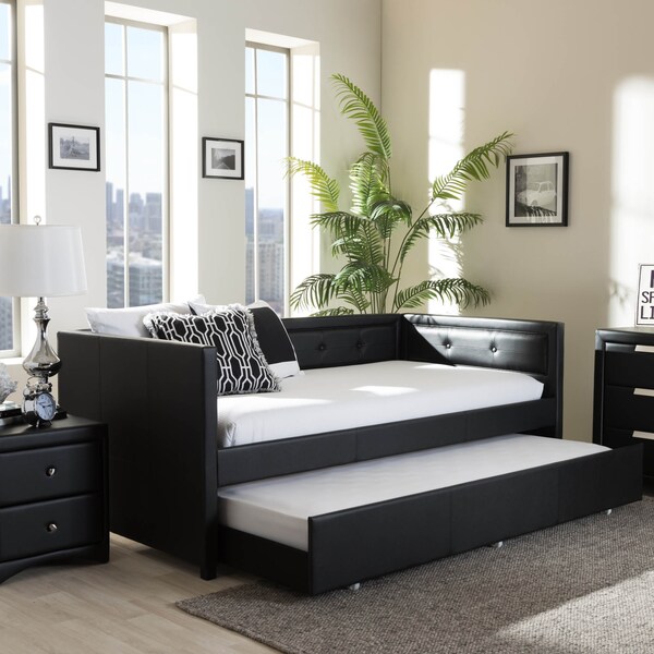 Baxton Studio Frank Black Button-Tufting Sofa Twin Daybed with Roll-Out Trundle Bed - 125-6927