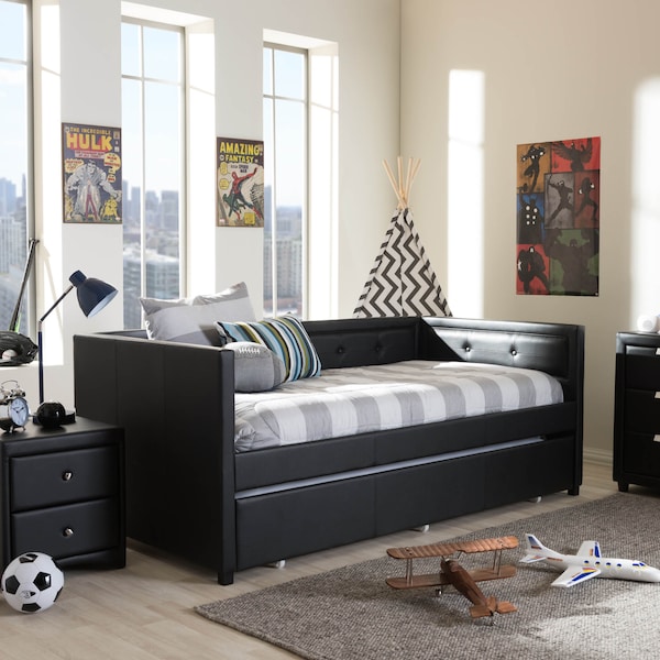 Baxton Studio Frank Black Button-Tufting Sofa Twin Daybed with Roll-Out Trundle Bed - 125-6927