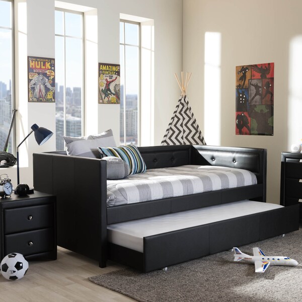 Baxton Studio Frank Black Button-Tufting Sofa Twin Daybed with Roll-Out Trundle Bed - 125-6927