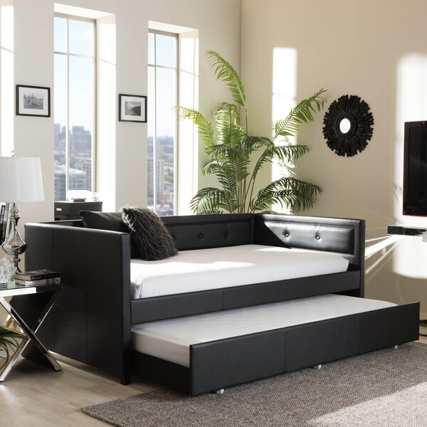 Baxton Studio Frank Black Button-Tufting Sofa Twin Daybed with Roll-Out Trundle Bed - 125-6927