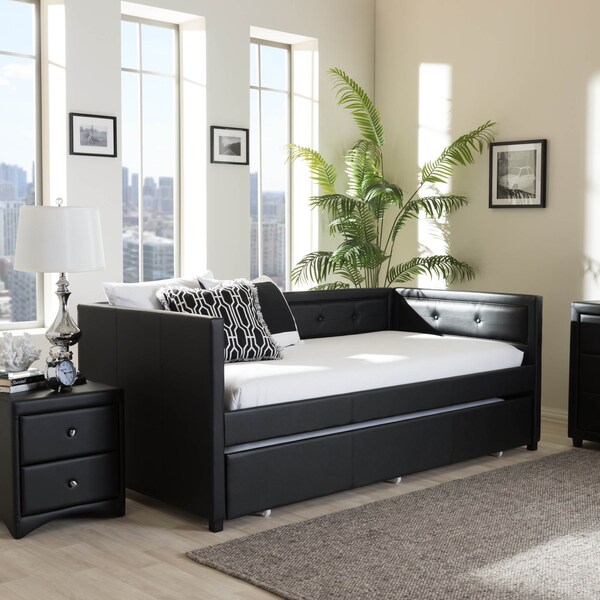 Baxton Studio Frank Black Button-Tufting Sofa Twin Daybed with Roll-Out Trundle Bed - 125-6927