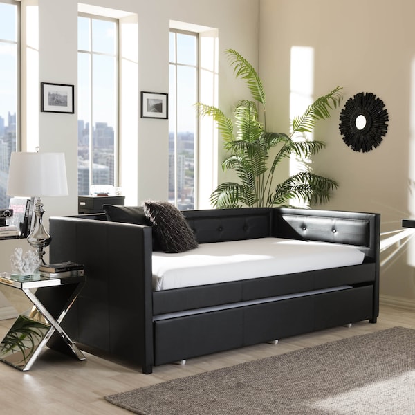Baxton Studio Frank Black Button-Tufting Sofa Twin Daybed with Roll-Out Trundle Bed - 125-6927